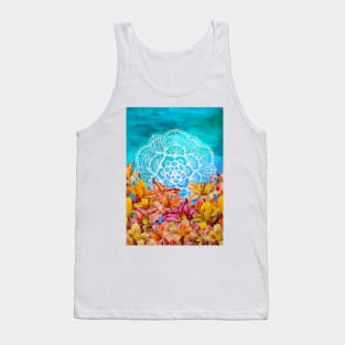 Orange Lilies & White Mandala on Blue Tank Top